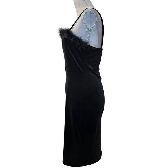 SHEIN Slayer Mini Dress Womens L Black Velvet V-Neck Fur Trimmed Spaghetti Strap - Picture 4 of 7